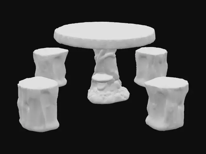 3D model for 一套家具，包括一张圆桌和四张凳子，均以树桩和树根的雕刻而成。圆桌桌面呈现年轮纹理，边缘光滑，由扭曲的深棕色树根状底座支撑，底座旁有一个小平台摆放着一盆绿色植物。四张凳子是圆柱形的树桩状，表面有逼真的树皮纹理。整体材质以木材雕刻后铺上亮面的光油，呈现棕色和深褐色，质感光滑。