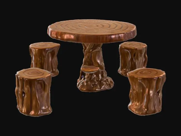 3D model for 一套家具，包括一张圆桌和四张凳子，均以树桩和树根的雕刻而成。圆桌桌面呈现年轮纹理，边缘光滑，由扭曲的深棕色树根状底座支撑，底座旁有一个小平台摆放着一盆绿色植物。四张凳子是圆柱形的树桩状，表面有逼真的树皮纹理。整体材质以木材雕刻后铺上亮面的光油，呈现棕色和深褐色，质感光滑。