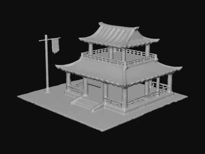 3D model for 一个双层传统中式亭阁结构，由发光的透明蓝色材质构成，呈现出清晰的线框与实体融合的效果。其标志性的弧形瓦片屋顶、精致的格栅式栏杆和方柱都散发着幽蓝的光芒。亭阁前方悬挂着一个发光的空白牌匾，左侧立有一面发光的旗帜。整体造型庄重而富有细节，材质光滑，给人一种未来感和晶体般的冰冷坚固触感。