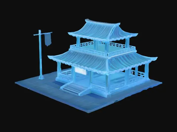 3D model for 一个双层传统中式亭阁结构，由发光的透明蓝色材质构成，呈现出清晰的线框与实体融合的效果。其标志性的弧形瓦片屋顶、精致的格栅式栏杆和方柱都散发着幽蓝的光芒。亭阁前方悬挂着一个发光的空白牌匾，左侧立有一面发光的旗帜。整体造型庄重而富有细节，材质光滑，给人一种未来感和晶体般的冰冷坚固触感。