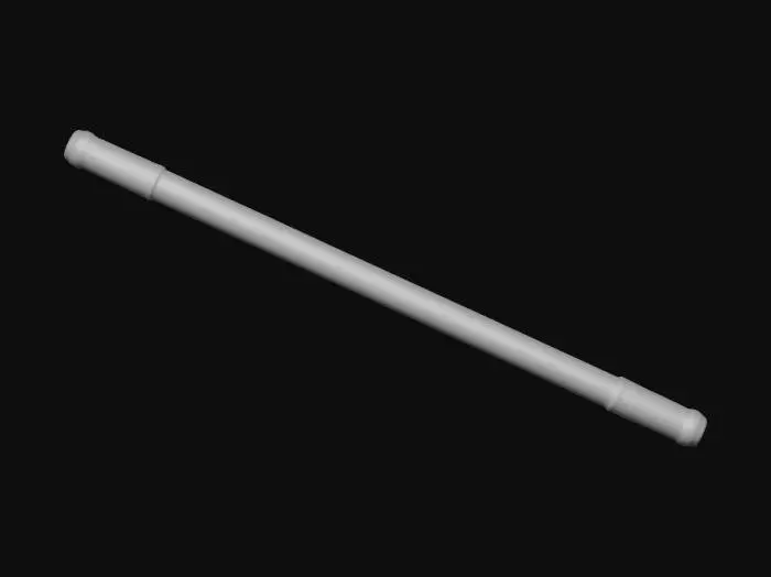 3D model for Plasma Rod, 长度：1.5 米,宽度：0.03 米（3 cm）的一根高精度、风格化的单手握持型棍型武器，棍头与棍尾为对称的光滑纯铜端头，棍身采用透明与半透明材质，类似玻璃或水晶，具备折射与透光效果。棍身内部交织纠缠着细腻的电紫色与蓝色发光电流，形成动态能量核心，能量线条纤细、流动感强。棍身表面呈现柔和微光，散发出蓝紫色粒子。整体构图为横向画布，背景为深黑色，突出武器主体。模型具备8K纹理质量，适配图生模型绑定与动作逻辑，风格融合科技感与东方工艺美学。