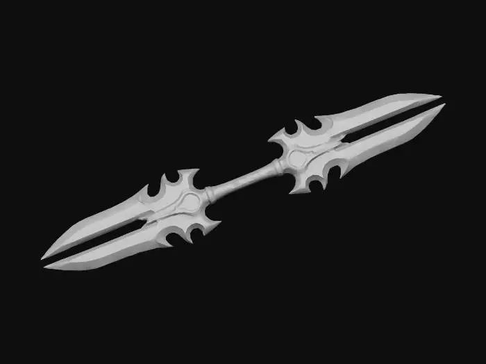 3D model for #Inferno Blade# #游戏资产# 一个充满威胁感黑暗的奇幻双头矛3D模型，拥有尖锐的、火山岩浆般的刀片，内部涌动着炽热的红色能量，边缘发出亮黄色光,火星从发光的刀刃上飞溅。刀片连接到黑色的、雕刻着发光橙色古代符文的金属骨架上，营造出神秘而强大的气息。中间的握把内仿佛流淌着由岩浆构成的火龙形状，整体设计感极强，充满史诗感。PBR纹理，8k分辨率 , 虚幻引擎5渲染
