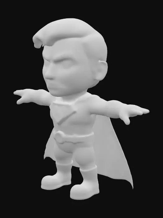 3D model for Super N Hero,角色为Q版超人风格，全身展示，服装主色采用Nifty Island官方配色（亮蓝色为主，主配粉,其次橙紫渐变及浅蓝色点缀），材质为亮面塑胶，表面高光清晰并突出肌肉轮廓细节。胸前金色底板，中央为"N"字。角色头部保持Q版比例但不夸张，避免贴近身体区域。姿势为标准放松式A-Pose，双手自然下垂但微微外展，双腿平行略分。背景为黑色，适合角色游戏资产使用, 工作室品质的最终效果