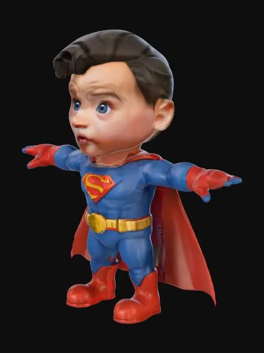 3D model for Super N Hero,角色为Q版超人风格，全身展示，服装主色采用Nifty Island官方配色（亮蓝色为主，主配粉,其次橙紫渐变及浅蓝色点缀），材质为亮面塑胶，表面高光清晰并突出肌肉轮廓细节。胸前金色底板，中央为"N"字。角色头部保持Q版比例但不夸张，避免贴近身体区域。姿势为标准放松式A-Pose，双手自然下垂但微微外展，双腿平行略分。背景为黑色，适合角色游戏资产使用, 工作室品质的最终效果