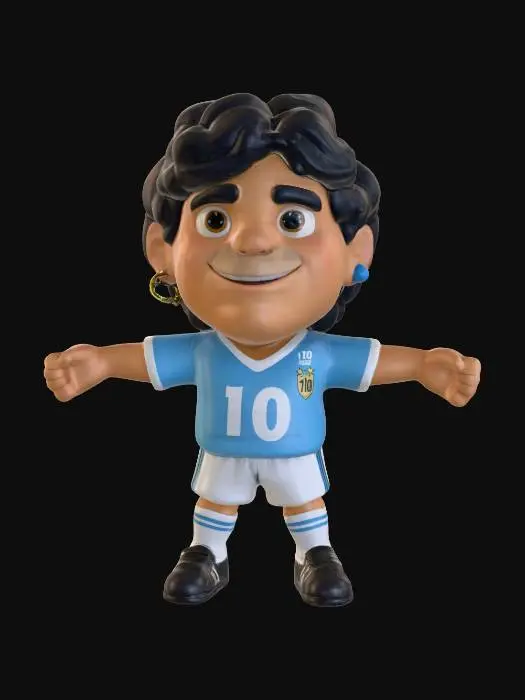 3D model for Football Legend Cartoon Character，阿根廷国家队球王 马纳多纳,整体造型圆润，面部呈微笑表情，拥有浓密的黑色卷发。他佩戴着不对称的耳饰，左耳是金色环形小耳环，右耳是蓝色小圆钉。整体呈现光滑的塑料或搪胶玩具质感。