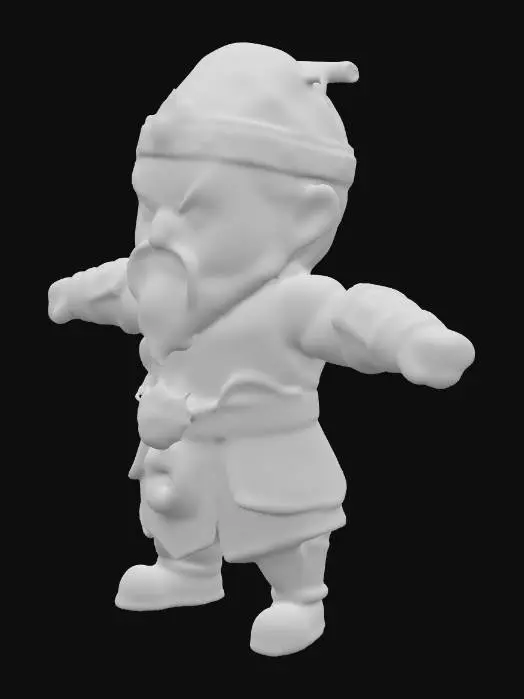 3D model for 一位卡通风格的Q版武将角色，体态魁梧，表情愤怒而威严。他身披墨绿色战袍，左肩裸露，显露出健壮的肌肉。头戴同色系战盔，前额饰有金色花纹。胸前、肩部和腰间均有华丽的金色龙形甲片，腰带下方悬挂着立体浮雕的绿色盘龙纹饰。浓密的黑色胡须与粗眉彰显其凶悍，手腕和小腿也覆有金色护甲，脚穿棕色战靴。整体材质感兼具布料的柔软与金属的硬朗，并带有精细的雕刻纹理。