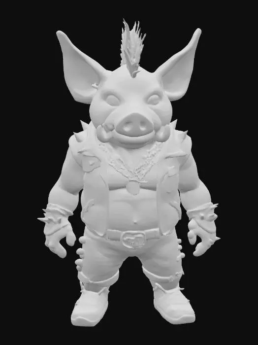 3D model for #game figure#, Highly Detailed, Ultra Realistic, a 6.5-inch action figure called "Pork Ruckus," a muscular, punk rock pig with exaggerated facial features, and prominent golden tusks. He sports a slicked-back neon mohawk, a stylish tattered leather jacket with graffiti and spikes, and high-top 'Yeezy" sneakers with glowing soles, and an assortment of crude jailhouse tattoos. Focus on a crude, hyper-detailed cartoon style with pop surrealism influences.