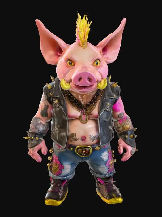 3D model for #game figure#, Highly Detailed, Ultra Realistic, a 6.5-inch action figure called "Pork Ruckus," a muscular, punk rock pig with exaggerated facial features, and prominent golden tusks. He sports a slicked-back neon mohawk, a stylish tattered leather jacket with graffiti and spikes, and high-top 'Yeezy" sneakers with glowing soles, and an assortment of crude jailhouse tattoos. Focus on a crude, hyper-detailed cartoon style with pop surrealism influences.