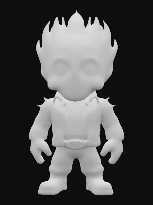 3D model for Create a 3D model of Ghost Rider in South Park style. He has large circular eyes, a rounded face, and a stubby body. Ghost Rider features a flaming skull, leather jacket with spikes, and a chain weapon. Clearly defined features, highly stylized, highly detailed, all walls and features at least 2mm thick, with bold recessed features at least 2mm deep.