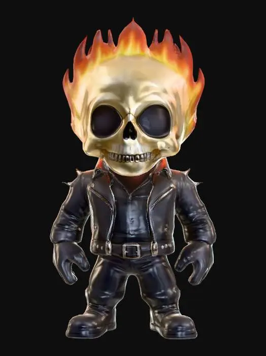 3D model for Create a 3D model of Ghost Rider in South Park style. He has large circular eyes, a rounded face, and a stubby body. Ghost Rider features a flaming skull, leather jacket with spikes, and a chain weapon. Clearly defined features, highly stylized, highly detailed, all walls and features at least 2mm thick, with bold recessed features at least 2mm deep.