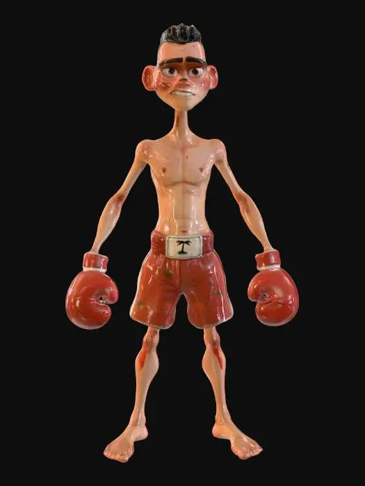 3D model for A SKINNY BOXER WEARING LEARNER PLATES AND COVERED IN CUTS AND BRUISES, Game Assets, Pixar Style, Highly Detailed, Ultra Realistic, Symmetrical Body, A-pose, Full Body, ARMS AWAY FROM THE BODY