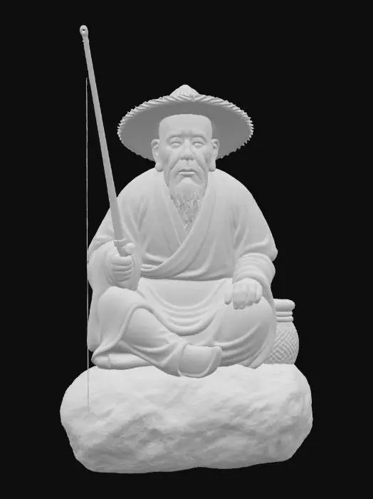 3D model for The Wise Wanderer
#雕像模型 #传统文化 #庭院装饰 #游戏资产 #正面构图 #贴图优化

创建一个高度精细、逼真的石化钓鱼角色模型，具备清晰的贴图结构与正面构图。角色为一位坐姿老者，身穿传统宽袖长袍，头戴宽檐斗笠，白须飘垂，神情沉稳。雕像材质为灰白石质，衣纹、发须、面部细节清晰可见。

角色正面朝向镜头，坐于粗糙岩石基座上，右手持一根垂直钓竿，鱼线清晰下坠，末端与岩石表面平齐，便于贴图定位。左手自然搭于膝上，身旁置有一只编织鱼篓，纹理交错精致。

背景为纯白色，光源柔和，突出雕像轮廓与材质层次，适用于庭院装饰、文化场景构建或游戏静态资产展示。