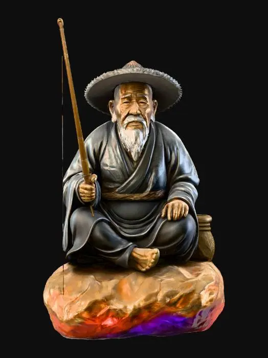 3D model for The Wise Wanderer
#雕像模型 #传统文化 #庭院装饰 #游戏资产 #正面构图 #贴图优化

创建一个高度精细、逼真的石化钓鱼角色模型，具备清晰的贴图结构与正面构图。角色为一位坐姿老者，身穿传统宽袖长袍，头戴宽檐斗笠，白须飘垂，神情沉稳。雕像材质为灰白石质，衣纹、发须、面部细节清晰可见。

角色正面朝向镜头，坐于粗糙岩石基座上，右手持一根垂直钓竿，鱼线清晰下坠，末端与岩石表面平齐，便于贴图定位。左手自然搭于膝上，身旁置有一只编织鱼篓，纹理交错精致。

背景为纯白色，光源柔和，突出雕像轮廓与材质层次，适用于庭院装饰、文化场景构建或游戏静态资产展示。