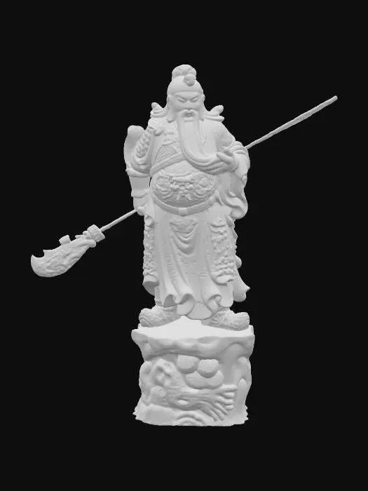 3D model for #Warrior's Poise. 一座精致的1:1木雕像，描绘了一位身披华丽铠甲、蓄着长须的古代武将，造型威严。他头戴头盔，表情严肃，左手扶着一柄雕刻有龙纹的偃月刀，刀柄细长。铠甲上布满精细的云纹和龙形图案。雕像呈站立姿势，稳立于一座雕刻着松树纹理的基座上。整体材质为深色木材，表面光滑且细节丰富，呈现出精湛的雕刻工艺。