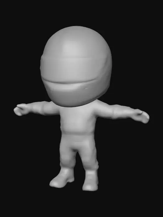 3D model for 一个chibi 风格的赛车手3D模型，头部戴着超大且鲜艳的赛车头盔，头盔上印有“MCV”和“Mars Cat”字样，并配有蓝色反光面罩。他身着蓝色和亮粉色相间的赛车服，胸前印有“EAT SLEEP PLAY REPEAT”字样，并有各种赞助商标志。服装具有皮革般的质感和明显的缝线细节，手戴同色系手套，脚穿赛车鞋。整体造型充满活力，配色大胆，在柔和的摄影棚灯光下呈现出运动潮流感。8k 纹理贴图