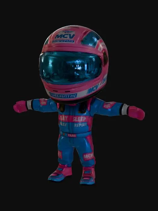 3D model for 一个chibi 风格的赛车手3D模型，头部戴着超大且鲜艳的赛车头盔，头盔上印有“MCV”和“Mars Cat”字样，并配有蓝色反光面罩。他身着蓝色和亮粉色相间的赛车服，胸前印有“EAT SLEEP PLAY REPEAT”字样，并有各种赞助商标志。服装具有皮革般的质感和明显的缝线细节，手戴同色系手套，脚穿赛车鞋。整体造型充满活力，配色大胆，在柔和的摄影棚灯光下呈现出运动潮流感。8k 纹理贴图