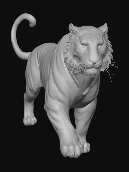 3D model for A sacred white tiger with snow-white fur with clear black stripes. The body exudes a soft glow, especially those abstract gold and blue glowing patterns that give it an otherworldly texture. It strides firmly, its eyes are sharp and full of majesty. Surrealist light and shadow. #Thanksgiving#