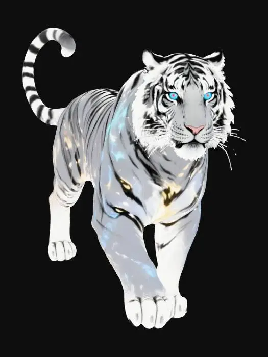3D model for A sacred white tiger with snow-white fur with clear black stripes. The body exudes a soft glow, especially those abstract gold and blue glowing patterns that give it an otherworldly texture. It strides firmly, its eyes are sharp and full of majesty. Surrealist light and shadow. #Thanksgiving#