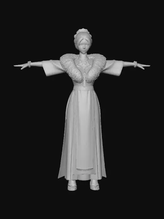 3D model for 一个精美的3D模型，呈现一位身着华丽传统服饰的年轻女性。她拥有细腻的皮肤和盘起的深色发髻，头戴金色镶绿宝石的精致王冠。主体服装为金色丝绸长袍，衣身和宽袖上装饰有红色、蓝色和黑色的传统图案，并带有细致的金色纹理和光泽。领口处是蓬松的白色毛领，胸前佩戴金色流苏挂饰。服装整体材质质感丰富，兼具织物的柔软与金属的华贵，光影柔和。V-Ray 渲染, 电影级照明