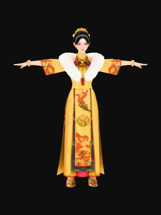 3D model for 一个精美的3D模型，呈现一位身着华丽传统服饰的年轻女性。她拥有细腻的皮肤和盘起的深色发髻，头戴金色镶绿宝石的精致王冠。主体服装为金色丝绸长袍，衣身和宽袖上装饰有红色、蓝色和黑色的传统图案，并带有细致的金色纹理和光泽。领口处是蓬松的白色毛领，胸前佩戴金色流苏挂饰。服装整体材质质感丰富，兼具织物的柔软与金属的华贵，光影柔和。V-Ray 渲染, 电影级照明