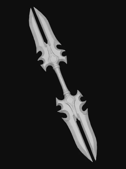 3D model for #Inferno Blade# #游戏资产# 一个充满威胁感黑暗的奇幻双头矛3D模型，拥有尖锐的、火山岩浆般的刀片，内部涌动着炽热的红色能量，边缘发出亮黄色光,火星从发光的刀刃上飞溅。刀片连接到黑色的、雕刻着发光橙色古代符文的金属骨架上，营造出神秘而强大的气息。中间的握把内仿佛流淌着由岩浆构成的火龙形状，整体设计感极强，充满史诗感。PBR纹理，8k分辨率 , 虚幻引擎5渲染