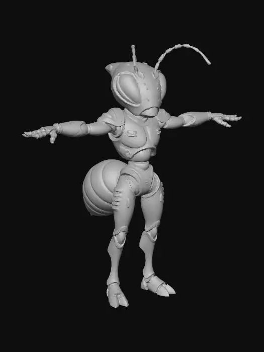 3D model for 一位拟人化3D形象：“蚂蚁”角色，身体主色调为红银色，作战部队IP形象，搞怪、潮流。身形矫健，总是充满动感，表情搞怪、活泼自信。身穿赛博朋克风格的作战服饰,霓虹光细节, 双眼发光。呈T字姿势站立，双臂伸直与肩同高，手掌朝下，双脚分开与肩同宽。正交前视图，85mm等效焦距，均匀的工作室照明，柔和的最小地面阴影。干净的哑光 3D 渲染，中性姿势参考风格。纯白色背景，没有文字，没有道具。这款高度精细、细节精致，风格化且逼真的3D模型拥有高度折射。PBR材质 , 8K纹理。Octane渲染