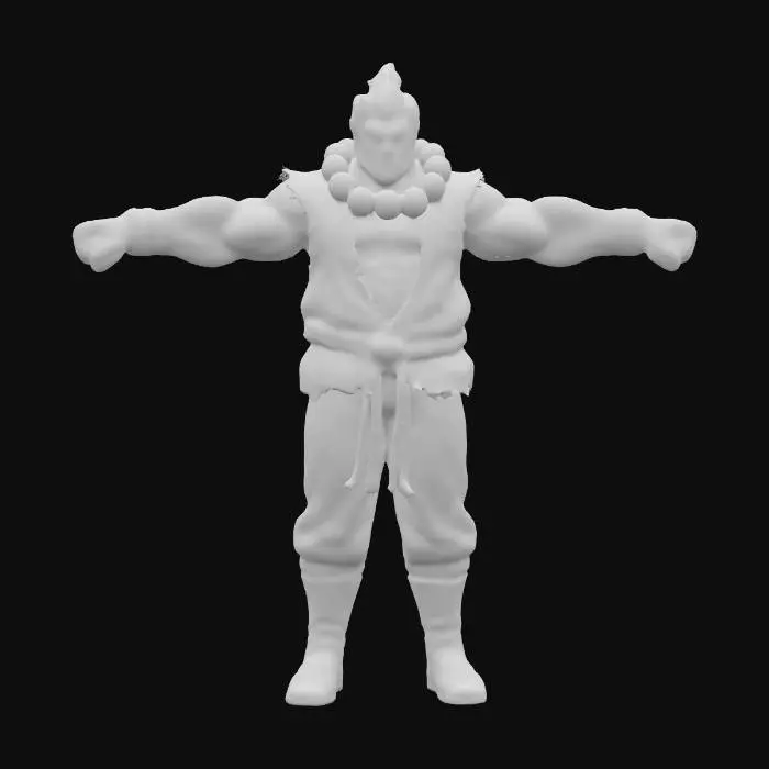 3D model for #Game Character Model# Design a highly detailed, realistic 3D model of Akuma from Street Fighter, capturing his muscular physique and determined expression. Includes his signature red karate gi with ripped sleeves, black belt, Gold hair, and black fighting gloves. Accurate muscle structure and folds create a confident and powerful fighting stance, clearly conveying realism, strength, and combat readiness.