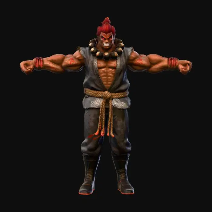 3D model for #Game Character Model# Design a highly detailed, realistic 3D model of Akuma from Street Fighter, capturing his muscular physique and determined expression. Includes his signature red karate gi with ripped sleeves, black belt, Gold hair, and black fighting gloves. Accurate muscle structure and folds create a confident and powerful fighting stance, clearly conveying realism, strength, and combat readiness.