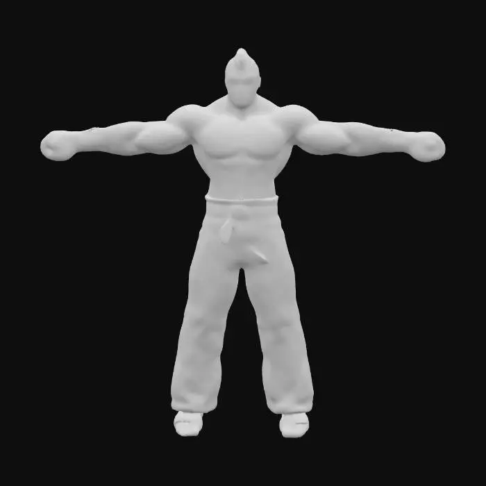 3D model for #Game Character Model# Design a highly detailed, realistic 3D model of Kazuya Mishima from 铁拳（Tekken）r, capturing his muscular physique and determined expression. Includes his Featuring signature red boxing gloves, white dragon-patterned pants, and a stern aura. Accurate muscle structure and folds create a confident and powerful fighting stance, clearly conveying realism, strength, and combat readiness.