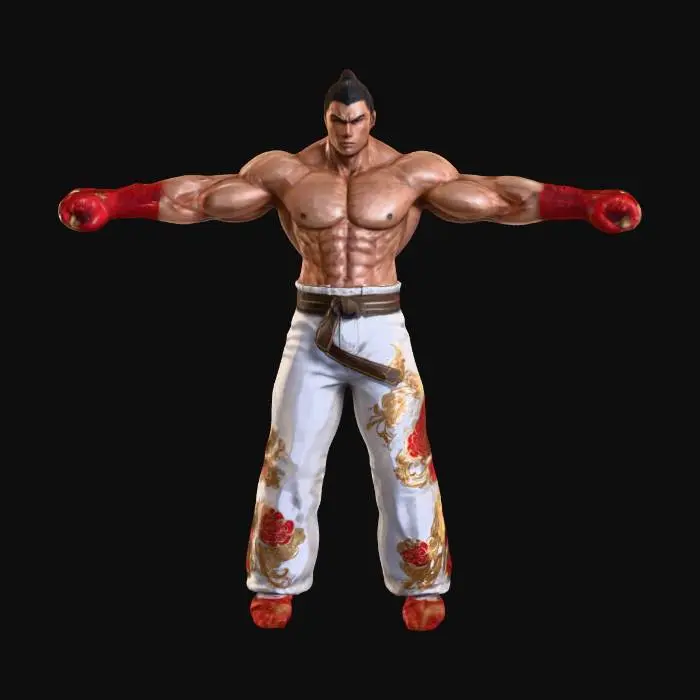 3D model for #Game Character Model# Design a highly detailed, realistic 3D model of Kazuya Mishima from 铁拳（Tekken）r, capturing his muscular physique and determined expression. Includes his Featuring signature red boxing gloves, white dragon-patterned pants, and a stern aura. Accurate muscle structure and folds create a confident and powerful fighting stance, clearly conveying realism, strength, and combat readiness.