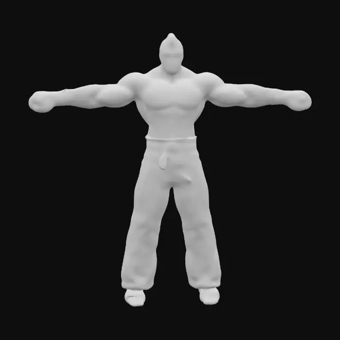 3D model for #Game Character Model# Design a highly detailed, realistic 3D model of Kazuya Mishima from 铁拳（Tekken）r, capturing his muscular physique and determined expression. Includes his Featuring signature red boxing gloves, white dragon-patterned pants, and a stern aura. Accurate muscle structure and folds create a confident and powerful fighting stance, clearly conveying realism, strength, and combat readiness.