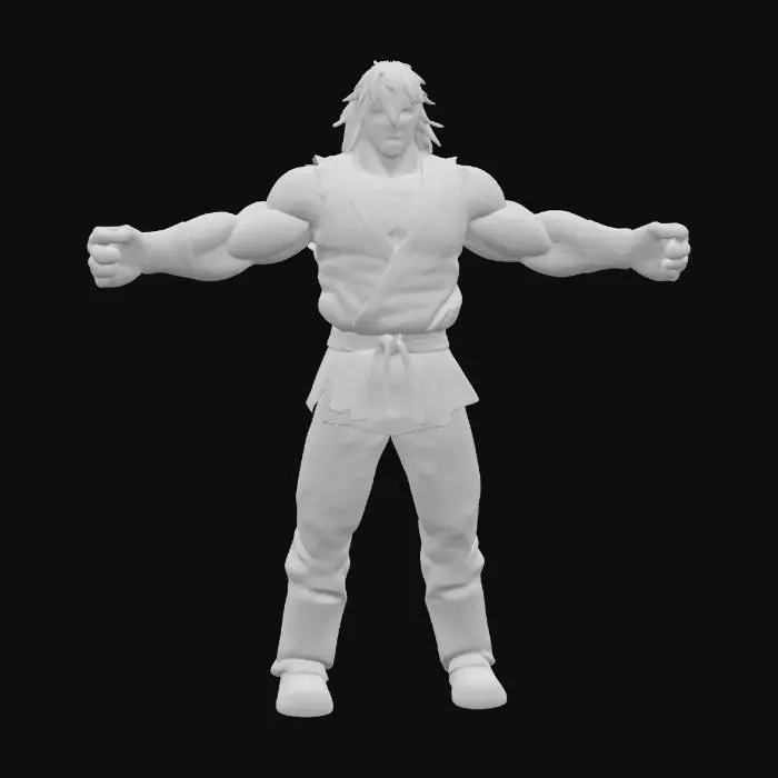 3D model for #Game Character Model# Design a highly detailed, realistic 3D model of Ken from Street Fighter, capturing his muscular physique and determined expression. Includes his signature red karate gi with ripped sleeves, black belt, Gold hair, and black fighting gloves. Accurate muscle structure and folds create a confident and powerful fighting stance, clearly conveying realism, strength, and combat readiness.