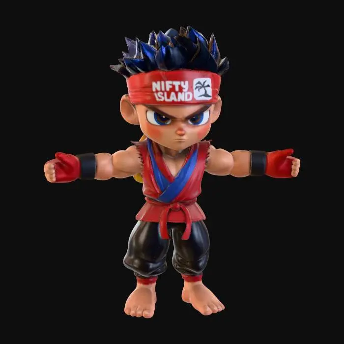 3D model for 一个卡通风格的男性角色模型，拥有结实的肌肉和宽大的肩膀。他穿着红色武术道服，配蓝色内衬和磨损袖口，腰系红色腰带，下身是宽松的深色裤子。头上戴红色头巾，印有“nifty island”字样及白色棕榈树标志,身后背着金色底黑色棕榈树标志。角色有着深蓝色尖刺发型，健康肤色，表情严肃坚定，戴红色露指拳套，赤脚站立。整体模型呈现光滑、略带光泽的塑料或乙烯基质感