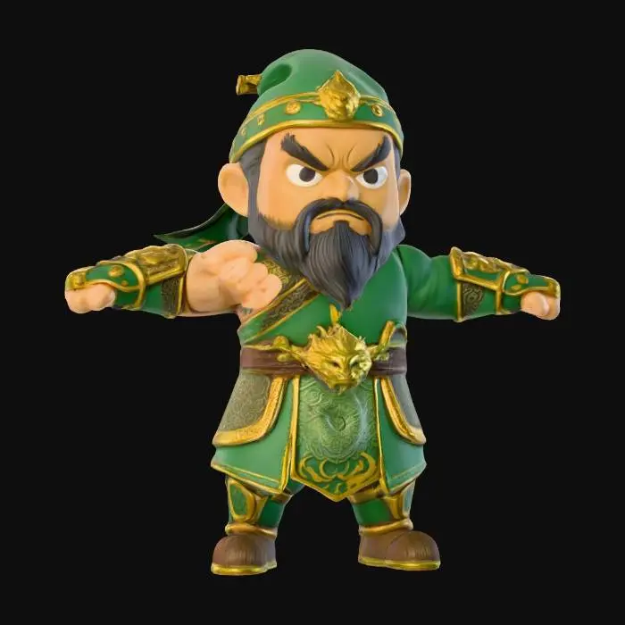 3D model for 一位卡通风格的Q版武将角色，体态魁梧，表情愤怒而威严。他身披墨绿色战袍，左肩裸露，显露出健壮的肌肉。头戴同色系战盔，前额饰有金色花纹。胸前、肩部和腰间均有华丽的金色龙形甲片，腰带下方悬挂着立体浮雕的绿色盘龙纹饰。浓密的黑色胡须与粗眉彰显其凶悍，手腕和小腿也覆有金色护甲，脚穿棕色战靴。整体材质感兼具布料的柔软与金属的硬朗，并带有精细的雕刻纹理。