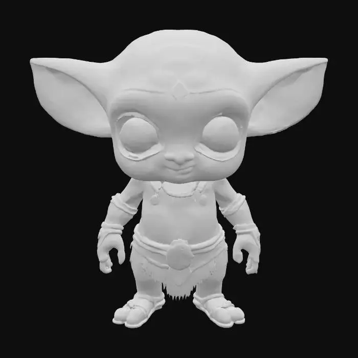 3D model for cute chibi baby yoda alien tribal adventurer, stylized cartoon look, ethereal skin slighty glowing eyes, vibrant colors, extreme details, well lit,