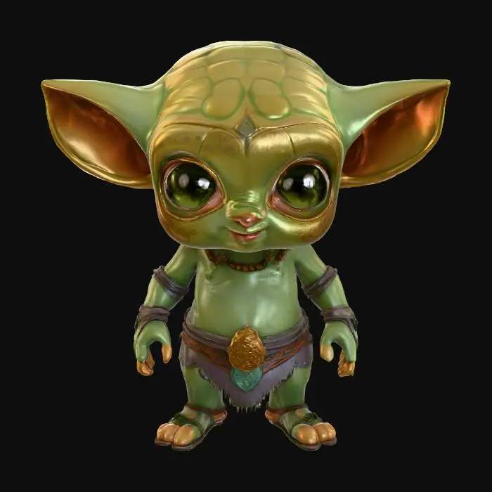 3D model for cute chibi baby yoda alien tribal adventurer, stylized cartoon look, ethereal skin slighty glowing eyes, vibrant colors, extreme details, well lit,