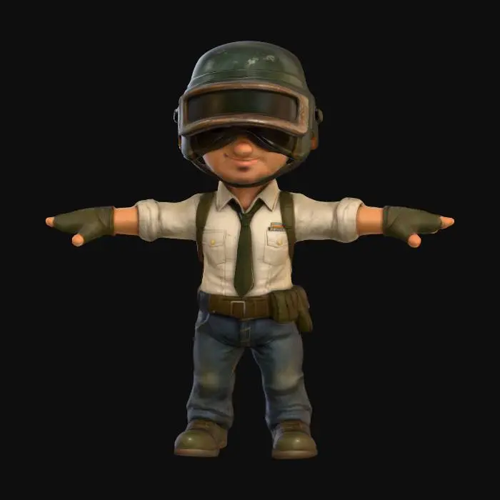 3D model for Q版画风. pubg 男角色 高度详细, 逼真的3D模型。高度风格化,,清晰地传达出真实感、 ,8K 纹理,明亮鲜艳,但略显暗淡和磨损, t-pose , 适合图生模型.