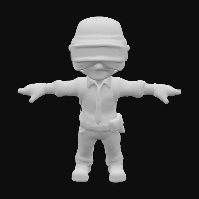 3D model for Q版画风. pubg 男角色 高度详细, 逼真的3D模型。高度风格化,,清晰地传达出真实感、 ,8K 纹理,明亮鲜艳,但略显暗淡和磨损, t-pose , 适合图生模型.