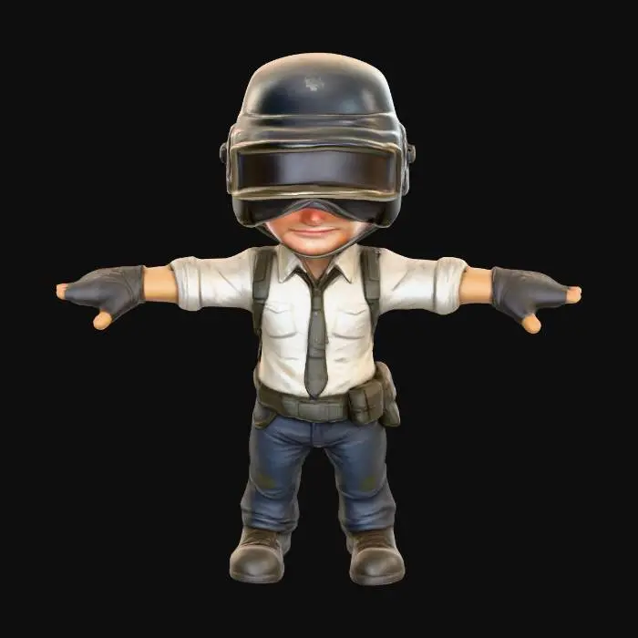 3D model for Q版画风. pubg 男角色 高度详细, 逼真的3D模型。高度风格化,,清晰地传达出真实感、 ,8K 纹理,明亮鲜艳,但略显暗淡和磨损, t-pose , 适合图生模型.