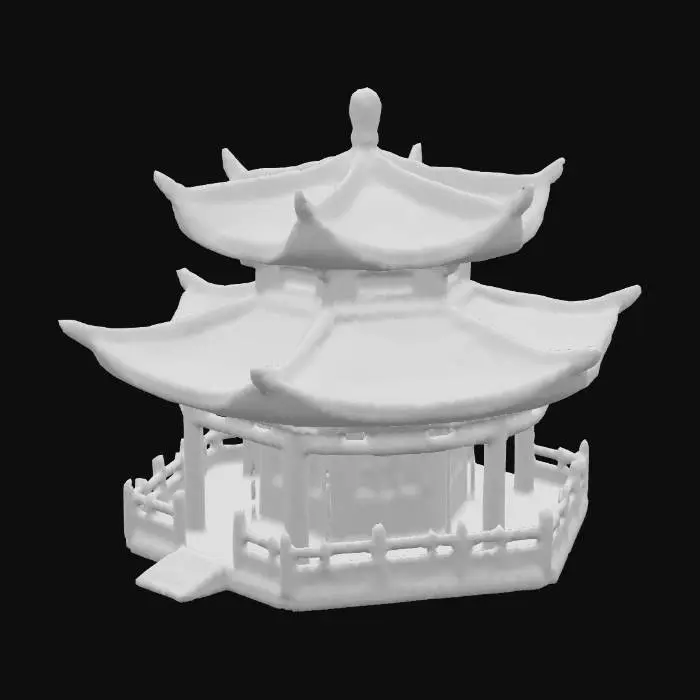 3D model for Pagoda and Bridge Silhouette
一座具有传统东亚风格的建筑群，由一座拱形石桥和一座两层宝塔组成。石桥呈优美的弧线形，两侧设有雕花栏杆，仿佛由坚固的青石块砌成。宝塔拥有多层深色屋檐，屋顶铺设着瓦片，下层是开放式结构，由立柱支撑。整体材质感为坚硬的石材和木结构，表面光洁，线条流畅，充满古典韵味。