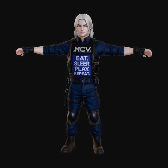 3D model for 一个高度详细且逼真的男性3D模型，留着齐肩的银白色头发，表情严肃。他身着深蓝色长袖衬衫，外穿黑色战术背心，背心胸前印有“MCV.”和“EAT. SLEEP. PLAY. REPEAT.”的白色文字。下身搭配深蓝色战术裤，带有护膝和多个口袋，手戴黑色战术手套，脚穿黑色军靴。模型材质展现出布料、皮革和哑光金属的真实感，细节丰富，在柔和的摄影棚灯光下呈现出坚韧而专业的形象。