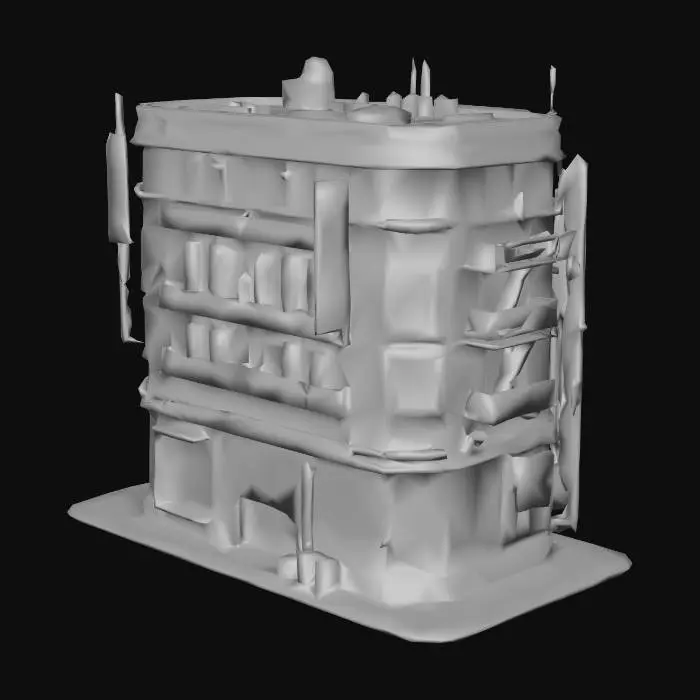 3D model for 主题：一栋三层建筑，每层均设有阳台，内含独立公寓和一个主入口。

风格：赛博朋克2077风格，未来主义，霓虹灯闪烁，色彩鲜艳。

材质：混凝土基座，玻璃和金属装饰，霓虹灯和LED灯光细节。

细节：未来主义建筑风格，不对称设计，霓虹蓝和粉色灯光，全息标牌。

用途：适用于科幻城市环境的游戏级3D模型。