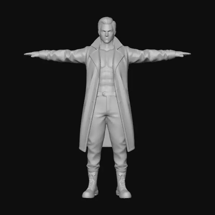 3D model for 一个高度精细、风格化且逼真的3D模型，描绘了巅峰时期的香港艺人刘德华。他身着敞开的亮蓝色、光泽度极高的纳米复合材料外套，搭配同色长裤和黑色漆皮战术靴，露出健硕的腹肌。模型表情严肃,眼神坚定，气质不凡，全身细节精致，融合了独特的街头潮流风格。该模型整体光滑流畅,拥有8K纹理，通过Octane渲染呈现出电影级的视觉效果