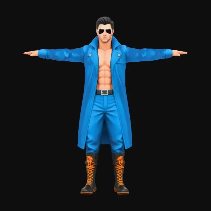 3D model for 一个高度精细、风格化且逼真的3D模型，描绘了巅峰时期的香港艺人刘德华。他身着敞开的亮蓝色、光泽度极高的纳米复合材料外套，搭配同色长裤和黑色漆皮战术靴，露出健硕的腹肌。模型表情严肃,眼神坚定，气质不凡，全身细节精致，融合了独特的街头潮流风格。该模型整体光滑流畅,拥有8K纹理，通过Octane渲染呈现出电影级的视觉效果