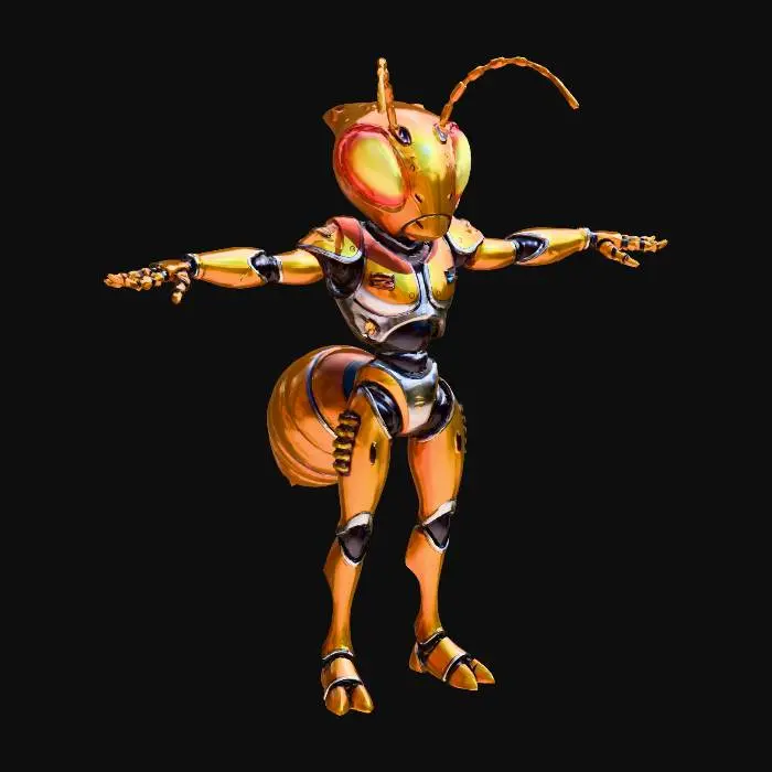 3D model for 一位拟人化3D形象：“蚂蚁”角色，身体主色调为红银色，作战部队IP形象，搞怪、潮流。身形矫健，总是充满动感，表情搞怪、活泼自信。身穿赛博朋克风格的作战服饰,霓虹光细节, 双眼发光。呈T字姿势站立，双臂伸直与肩同高，手掌朝下，双脚分开与肩同宽。正交前视图，85mm等效焦距，均匀的工作室照明，柔和的最小地面阴影。干净的哑光 3D 渲染，中性姿势参考风格。纯白色背景，没有文字，没有道具。这款高度精细、细节精致，风格化且逼真的3D模型拥有高度折射。PBR材质 , 8K纹理。Octane渲染