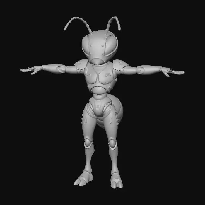3D model for 一位拟人化3D形象：“蚂蚁”角色，身体主色调为红银色，作战部队IP形象，搞怪、潮流。身形矫健，总是充满动感，表情搞怪、活泼自信。身穿赛博朋克风格的作战服饰,霓虹光细节, 双眼发光。呈T字姿势站立，双臂伸直与肩同高，手掌朝下，双脚分开与肩同宽。正交前视图，85mm等效焦距，均匀的工作室照明，柔和的最小地面阴影。干净的哑光 3D 渲染，中性姿势参考风格。纯白色背景，没有文字，没有道具。这款高度精细、细节精致，风格化且逼真的3D模型拥有高度折射。PBR材质 , 8K纹理。Octane渲染