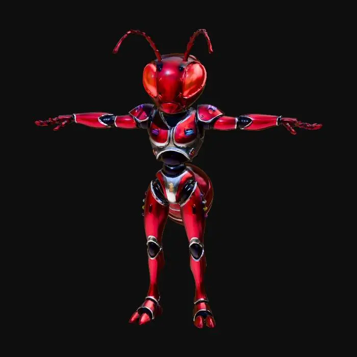 3D model for 一位拟人化3D形象：“蚂蚁”角色，身体主色调为红银色，作战部队IP形象，搞怪、潮流。身形矫健，总是充满动感，表情搞怪、活泼自信。身穿赛博朋克风格的作战服饰,霓虹光细节, 双眼发光。呈T字姿势站立，双臂伸直与肩同高，手掌朝下，双脚分开与肩同宽。正交前视图，85mm等效焦距，均匀的工作室照明，柔和的最小地面阴影。干净的哑光 3D 渲染，中性姿势参考风格。纯白色背景，没有文字，没有道具。这款高度精细、细节精致，风格化且逼真的3D模型拥有高度折射。PBR材质 , 8K纹理。Octane渲染