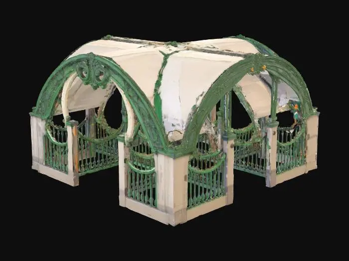 3D model for “A realistic 3D model of a Paris Métro entrance (Art Nouveau style) by Hector Guimard.
Rectangular structure with a descending staircase, ornate green wrought-iron railings, and a metal arch labeled “METRO” in Art Nouveau font.
Two tall curved lamp posts with orange glass flower-shaped lights on each side.
Ground: dark asphalt sidewalk with metal studs and leaves.
Interior: white ceramic tiled walls, fluorescent lighting, handrails.
Realistic PBR textures (metal, glass, stone), game-ready, mid-poly, UV-mapped, neutral lighting for open-world Paris scene.
No dome, no modern glass.