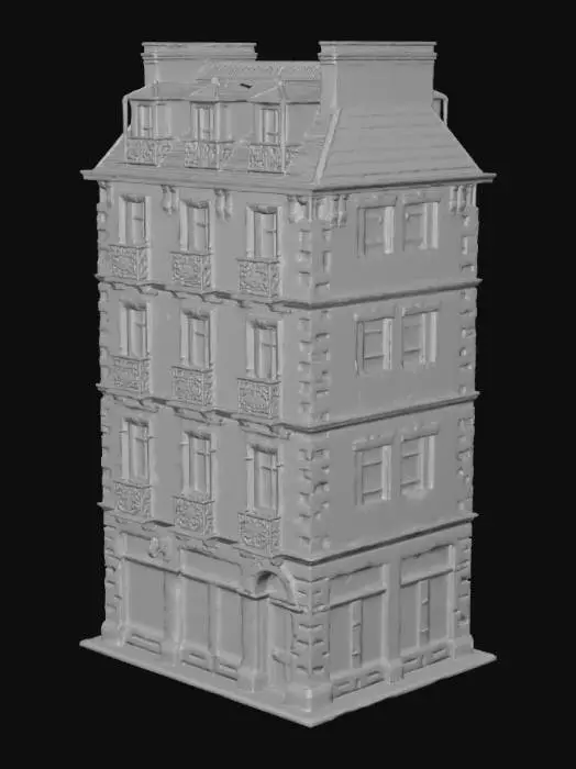 3D model for A detailed 3D model of a classic Haussmann-style Parisian building, mid-19th century architecture.
The building should have cream-colored limestone façades, ornate balconies with black wrought-iron railings, tall French windows, mansard roof with grey zinc, attic windows, and decorative cornices.
Style: Realistic, PBR textures, game-ready, optimized for video game environment, single clean mesh.
The model should be modular, so it can be duplicated seamlessly in a city environment (each side detailed but not exaggerated).
Include small realistic details like: stone carvings above windows, old shutters, a main door with gold handles, maybe a café or boutique on the ground floor with glass windows.
Deliver a clean geometry, realistic scale (about 5 floors), and UV-mapped textures