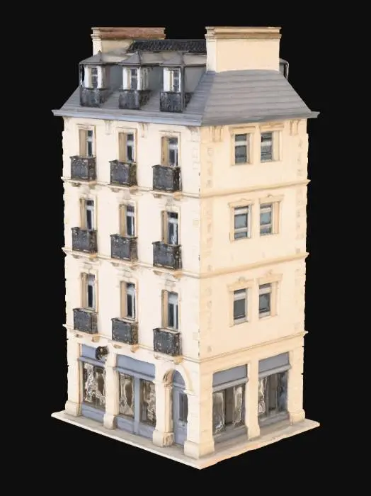 3D model for A detailed 3D model of a classic Haussmann-style Parisian building, mid-19th century architecture.
The building should have cream-colored limestone façades, ornate balconies with black wrought-iron railings, tall French windows, mansard roof with grey zinc, attic windows, and decorative cornices.
Style: Realistic, PBR textures, game-ready, optimized for video game environment, single clean mesh.
The model should be modular, so it can be duplicated seamlessly in a city environment (each side detailed but not exaggerated).
Include small realistic details like: stone carvings above windows, old shutters, a main door with gold handles, maybe a café or boutique on the ground floor with glass windows.
Deliver a clean geometry, realistic scale (about 5 floors), and UV-mapped textures